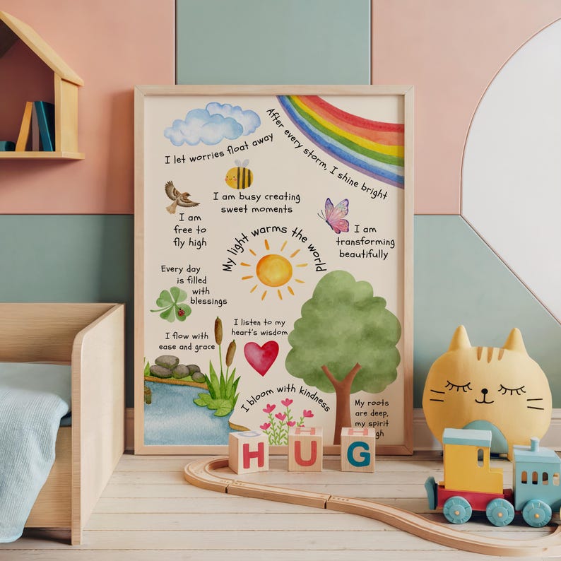 May include: A watercolor print with a rainbow, sun, butterfly, clover, and tree. The print features positive affirmations about growth, kindness, and self-love. The text includes phrases like "I let worries float away", "My light warms the world", and "I bloom with kindness".