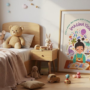 Arte mural infantil de la imaginación: lámina educativa para niños creativos. Póster de aprendizaje colorido para la sala de juegos, la guardería o la decoración de la escuela en casa.