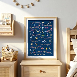 Póster de Afirmaciones Positivas para Niños: Arte Mural Motivacional Colorido para la Habitación Infantil, Guardería o Aula, Póster Montessori Infantil