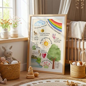 May include: A watercolor print with a rainbow, a sun, a butterfly, a bee, a four-leaf clover, a heart, and a tree. The print has the text "After every storm I shine bright" and "My light warms the world".