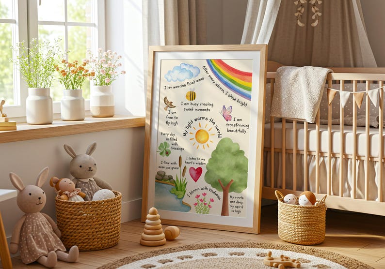 May include: A watercolor print with a rainbow, a sun, a butterfly, a bee, a four-leaf clover, a heart, and a tree. The print has the text "After every storm I shine bright" and "My light warms the world".