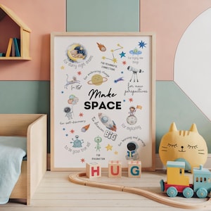Arte de pared espacial, decoración de habitación infantil, arte de guardería, decoración del espacio exterior, afirmación positiva, póster Make Space, impresión de astronauta, arte de pared de galaxia