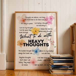 May include: A printable poster with a beige background and floral illustrations. The poster features the text "Thoughts are visitors, not facts. You don't have to let them move in. It's okay to pause. I am having a thought - not becoming it. I am not my thoughts - I am the space they move through. I release the need to believe every thought. What to do with HEAVY THOUGHTS The loudest thought isn't always the truest one. Negative thoughts don't mean I am falling. They mean I am human. I return to my breath. I am safe here. I let them drive by clouds. I stay rooted. I ask my heart, not my"