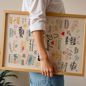 May include: A framed motivational poster with a light beige background and colourful handwritten text. The text includes phrases like "Stay Patient", "Follow Your Gut", "Life is Beautiful", and "Mental Health is a Priority".