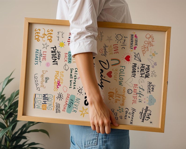 May include: A framed motivational poster with a light beige background and colourful handwritten text. The text includes phrases like "Stay Patient", "Follow Your Gut", "Life is Beautiful", and "Mental Health is a Priority".