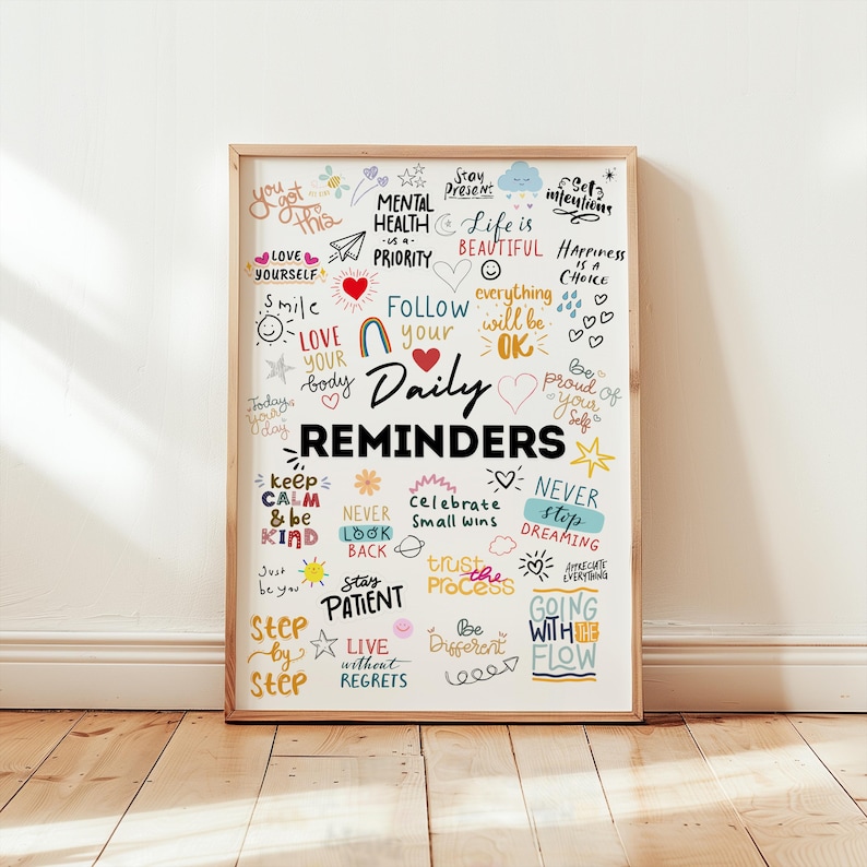 May include: A white framed poster with colourful handwritten text and illustrations. The poster features daily reminders and motivational quotes such as "Stay Present", "Love Yourself", "Keep Calm & Be Kind", "Never Stop Dreaming", and "Live Without Regrets".