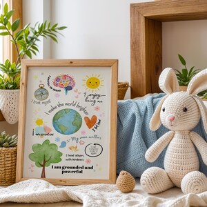 May include: A framed print with a white background and colorful illustrations. The print features positive affirmations such as "I am creative", "I trust myself", and "I make the world brighter".