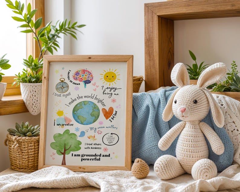 May include: A framed print with a white background and colorful illustrations. The print features positive affirmations such as "I am creative", "I trust myself", and "I make the world brighter".