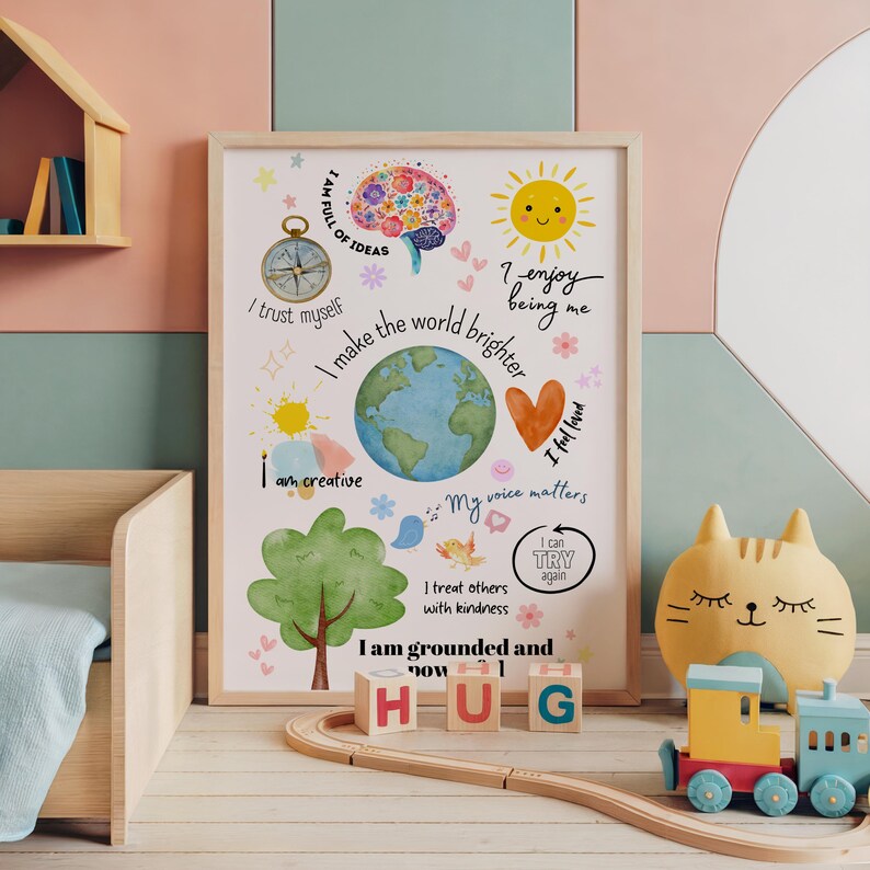 Kids affirmation poster with colorful drawings and I am statements