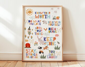 May include: A colorful printable poster with illustrations of farm animals and a farmhouse. The poster features positive affirmations such as "Know Your Worth", "Do What You Love", "Believe In Yourself", "Be Brave", "Keep Going", "Stay Strong & Power On", and "You Are Loved".