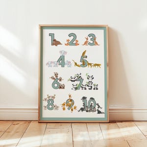 Póster de aprendizaje de números, Impresión de números de animales, Números para habitaciones de niños, Tabla de números para niños, Conteo de animales, Aprendizaje de matemáticas para niños, Montessori