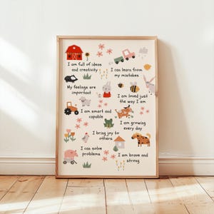 Poster di affermazione con animali da fattoria per bambini - Decorazione murale per autostima positiva, consapevolezza e crescita emotiva per asilo nido o classe