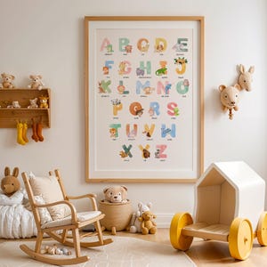 Poster con animali dell'alfabeto - Arte murale per la cameretta dei bambini, Tabella ABC ad acquerello per bambini, Stampa educativa con animali selvatici per la cameretta dei bambini, Arte Montessori