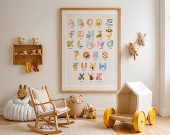 Watercolor Animal Alphabet Poster – Educational Nursery Wall Art