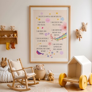 Positives Affirmation Poster für Kinder – Bunte motivierende Wandkunst – Ich bin mutig, geliebt und fähig – Kinderposter, Montessori Kunst