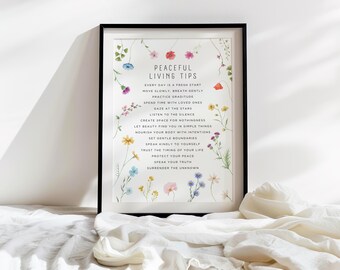 Peaceful Living Tips Poster - Botanical Mindfulness Art (Digital Download)