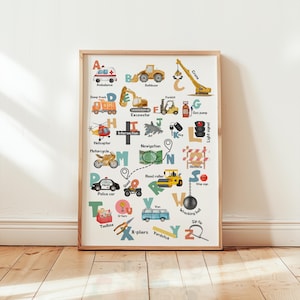Construction Vehicle Alphabet Poster – ABC Learning Printable with Trucks, Tools & Traffic Signs, Educational Art for Kids Room or Classroom