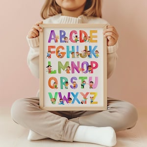 Póster del alfabeto para niños, arte educativo, póster de aprendizaje del abecedario, decoración de la sala de juegos, arte de pared para guardería, alfabeto de acuarela, decoración del aula, colorido