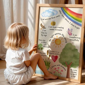 May include: A watercolor illustration on a framed canvas with a rainbow, sun, clouds, and a tree. The illustration has text that reads "I let worries float away", "After every storm I shine bright", "I am free to fly high", "Every day is filled with blessings", "I flow with grace", "My light warms the world", "I am busy creating sweet moments", "I listen to my heart's wisdom", "I bloom with kindness", "I am transforming beautifully", "My roots are deep, my spirit is high".