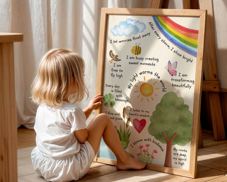 May include: A watercolor illustration on a framed canvas with a rainbow, sun, clouds, and a tree. The illustration has text that reads "I let worries float away", "After every storm I shine bright", "I am free to fly high", "Every day is filled with blessings", "I flow with grace", "My light warms the world", "I am busy creating sweet moments", "I listen to my heart's wisdom", "I bloom with kindness", "I am transforming beautifully", "My roots are deep, my spirit is high".