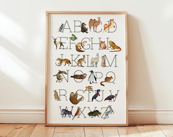 Poster con alfabeto di animali ad acquerello – Decorazione per cameretta dei bambini dalla A alla Z (download digitale)