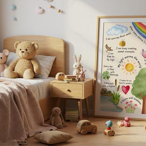 Watercolor affirmation poster for kids featuring nature elements like rainbow, sun, tree, butterfly, heart, and flowers with positive phrases such as 'I let worries float away', 'My light warms the world', and 'I bloom with kindness'.