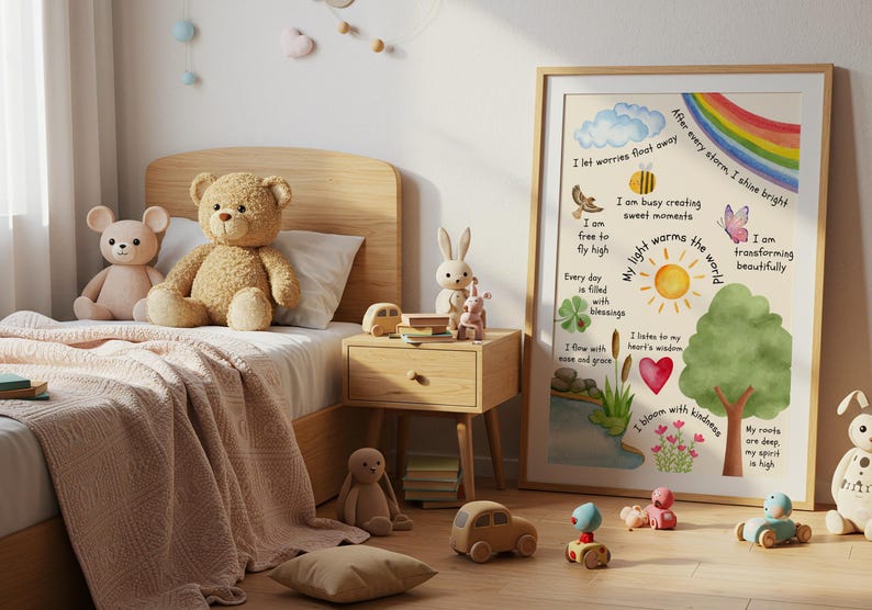 Watercolor affirmation poster for kids featuring nature elements like rainbow, sun, tree, butterfly, heart, and flowers with positive phrases such as 'I let worries float away', 'My light warms the world', and 'I bloom with kindness'.