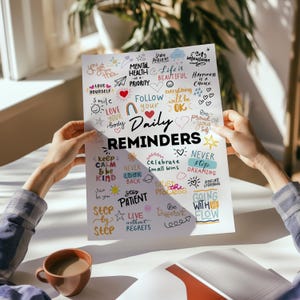 May include: A white poster with colourful handwritten text and illustrations. The poster features daily reminders such as "Stay Patient", "Live Without Regrets", and "Be Different".