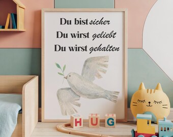Du bist sicher ポスター - Christliches Wandbild mit Taube und Zweig (デジタル ダウンロード)