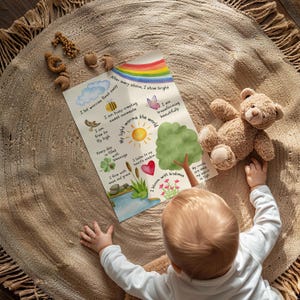 May include: A colorful poster with illustrations of a rainbow, a butterfly, a bee, a bird, a sun, a heart, a clover, a tree, and flowers. The poster has text that reads "After every storm, I shine bright. I let worries float away. I am busy creating sweet moments. My light warms the world. I am free to fly high. Every day is filled with blessings. I flow with ease and grace. I listen to my heart's wisdom. I am transforming beautifully. I bloom with kindness. My roots are deep, my spirit is high."