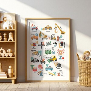 Póster del alfabeto de transporte y construcción: arte mural infantil con el alfabeto, vehículos y herramientas, póster de aprendizaje, decoración para habitación de niños, impresión física