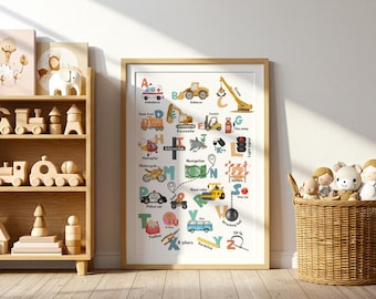 Transportation ABC Poster – Vehicle & Construction Print, Kids Room Decor