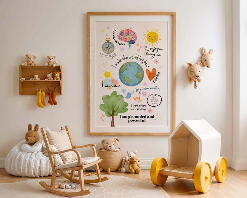 May include: A colorful poster with illustrations of a sun, a heart, a compass, a tree, and a globe. The poster has text that reads "I trust myself", "I make the world brighter", "I enjoy being me", "I am creative", "My voice matters", "I treat others with kindness", "I can try", and "I am grounded and powerful".