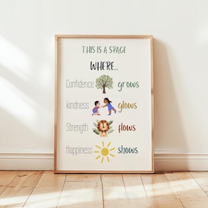 Póster de espacio positivo, Espacio seguro para niños, Motivación en el aula, Desarrollo personal infantil, Póster Montessori, Aula de profesores, Afirmación infantil, Niños