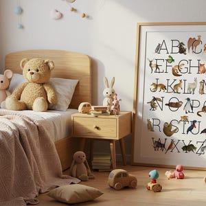 Póster del alfabeto de animales para niños: arte mural con animales de la A a la Z, lámina educativa para guardería, decoración para aulas preescolares, póster para niños pequeños.