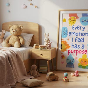 Cada emoción tiene un propósito: arte mural de aprendizaje emocional para niños, póster impreso para guardería, sala de juegos o espacio de terapia, Montessori