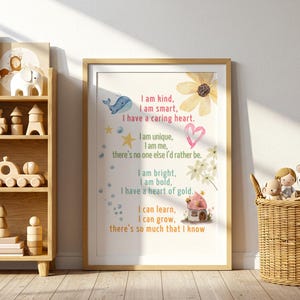 Póster de afirmación infantil: Soy amable, soy único, puedo aprender. Arte mural positivo para guardería, lámina motivacional infantil en acuarela.
