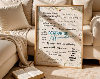 Postpartum Affirmations Poster – New Mom Encouragement, Floral Wall Art