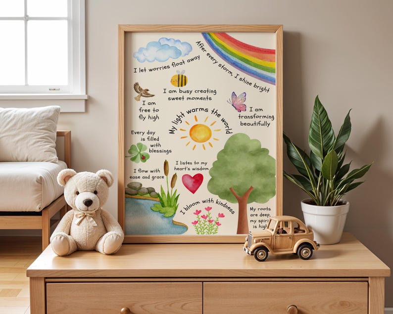 Watercolor affirmation poster for kids featuring nature elements like rainbow, sun, tree, butterfly, heart, and flowers with positive phrases such as 'I let worries float away', 'My light warms the world', and 'I bloom with kindness'.
