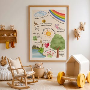 Watercolor affirmation poster for kids featuring nature elements like rainbow, sun, tree, butterfly, heart, and flowers with positive phrases such as 'I let worries float away', 'My light warms the world', and 'I bloom with kindness'.