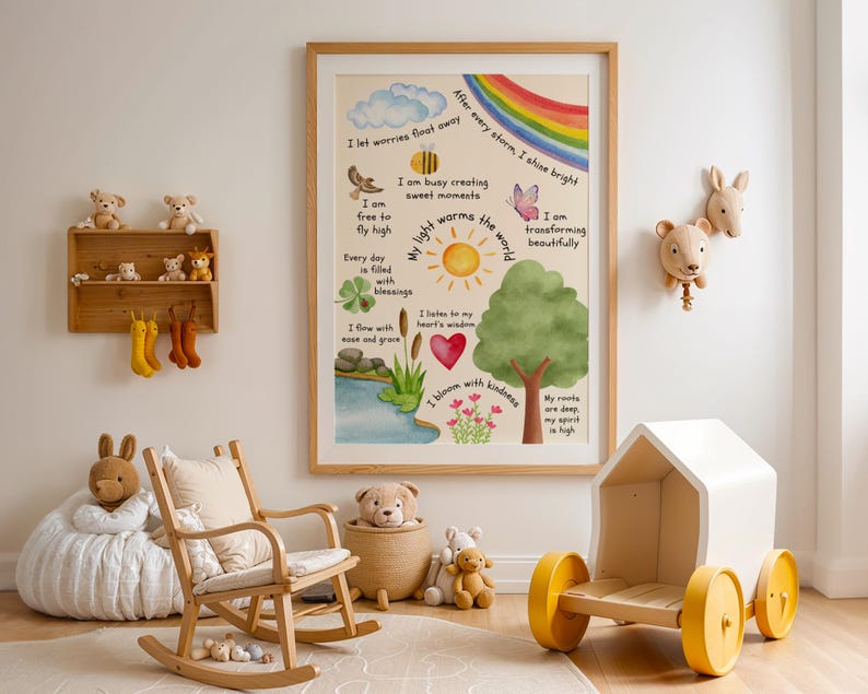Watercolor affirmation poster for kids featuring nature elements like rainbow, sun, tree, butterfly, heart, and flowers with positive phrases such as 'I let worries float away', 'My light warms the world', and 'I bloom with kindness'.