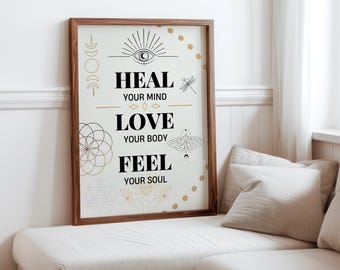 Spiritual poster, mind body soul, healing art, chakra poster, holistic gifts, aura poster, meditation room, yoga room decor, mental health