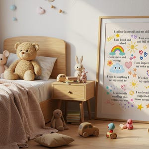 Poster di affermazioni positive per bambini, arte murale fisica con detti incoraggianti, design arcobaleno e sole, decorazione motivazionale per la cameretta dei bambini