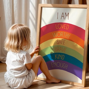 Arte de pared con frases positivas para niños, arcoíris, frases positivas, póster "Soy suficiente", empoderamiento infantil, arte arcoíris para niños, decoración infantil.
