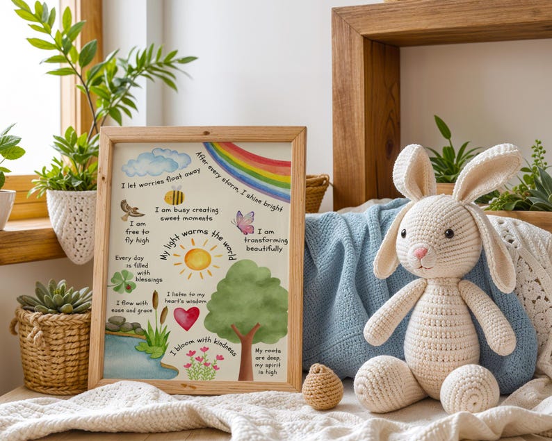 May include: A watercolor print with a light blue background and a rainbow at the top. The print features a tree with a sun and the words "My light warms the world". The print also includes text with positive affirmations, such as "I let worries float away" and "I am transforming beautifully".