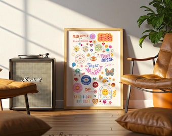 May include: A framed art print with a wooden frame featuring colorful motivational phrases and illustrations. A Marshall speaker and a leather armchair are in the foreground. The print includes phrases like "Treat Yourself" and "Take a Break."