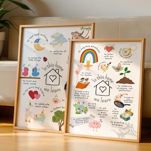 Può includere: Due stampe incorniciate con illustrazioni e testo colorati. Le stampe sono in cornici di legno e hanno uno sfondo bianco. Il testo sulle stampe dice "In questa casa impariamo" e include un elenco di valori e azioni positive.