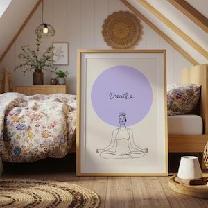 Plakat „Oddychaj” – minimalistyczna sztuka ścienna z jogą, dekoracja do druku z medytacją uważności, dekoracja zen wellness do spokojnej przestrzeni, biura lub studia