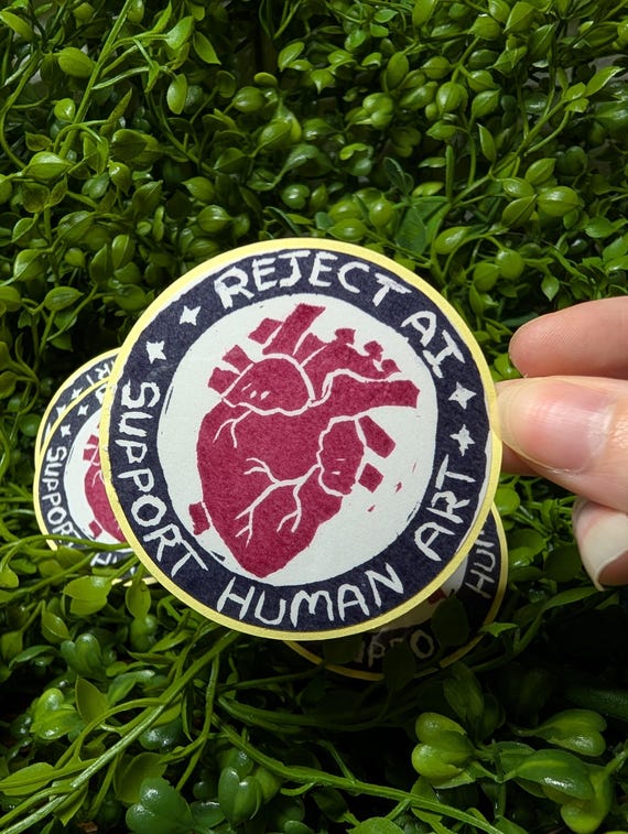 Reject AI Hand Printed Sticker - Anti-AI Block Printed Stickers