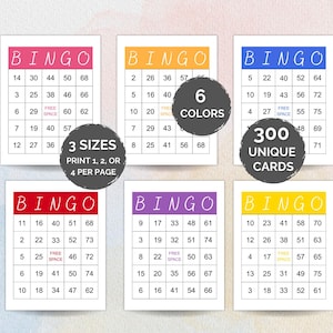 May include: Set of six colorful bingo cards with different number combinations. Each card features the word "BINGO" at the top and a grid of numbers. The cards are labeled with "6 COLORS", "3 SIZES", and "300 UNIQUE CARDS".